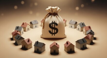 A bag of money with dollar sign surrounded by a circle of toy houses, representing real estate investment