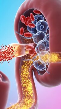 Close Up Medical Animation Of Blood Clot Dissolving With Yellow Laser Treatment Displaying Red Blood Cells And Blue Platelets In A Blood Vessel With
