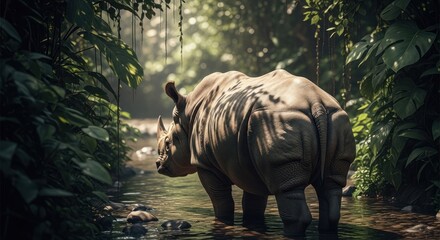 A large rhinoceros stands in a shallow stream, surrounded by lush, green jungle foliage