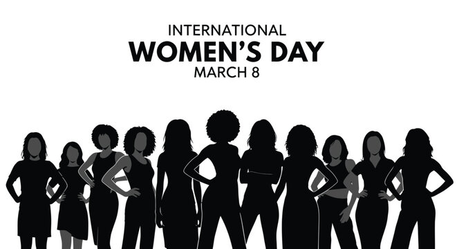 Powerful black and white silhouette illustration celebrating international women's day on march eighth representing unity strength and female diversity in a bold graphic design