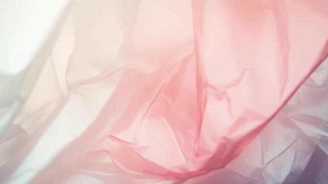 Crumpled plastic film creates an abstract texture with soft gradients blending pale pink, orange, and blue hues, suggesting environmental impact and sustainability concerns