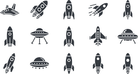 Rocket and spaceship silhouettes collection isolated on white background, space exploration vector icon set including UFO and shuttle