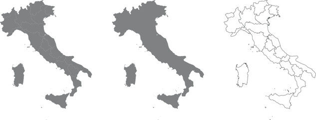 Italy Map Silhouette with Administrative Regions, Outline and Geographic Shape Vector Set