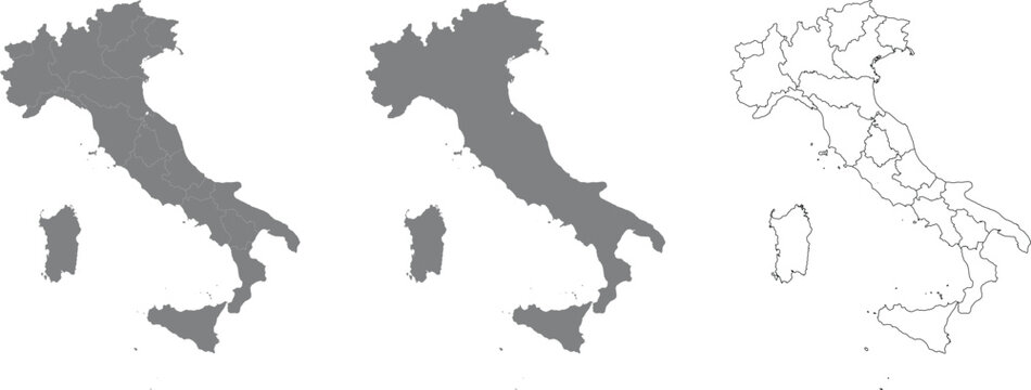 Italy Map Silhouette with Administrative Regions, Outline and Geographic Shape Vector Set