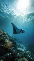 Manta Ray Swimming Over Coral Reef