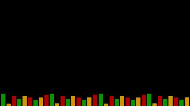 Red, yellow, and green equalizer bars animation loop on dark background with copy space for juneteenth freedom day, black history month and musical concept.