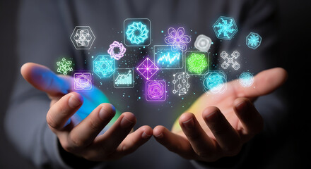 Hands Holding Digital Icons Representing Technology and Innovation.