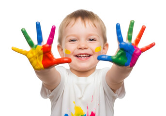 Happy Toddler Boy with Paint Covered Hands Showing Colorful Palms Isolated on White or Transparent Background