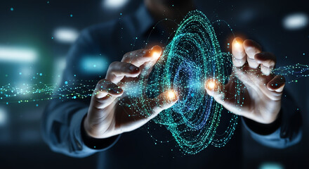 Futuristic Digital Interface with Hands Interacting with Virtual Data.