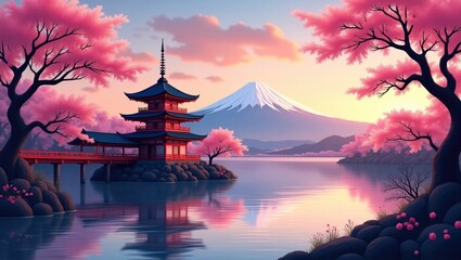 Fototapeta premium Scenic Japanese Landscape Pagoda Over Water, Cherry Blossoms, Mountain Backdrop at Sunrise
