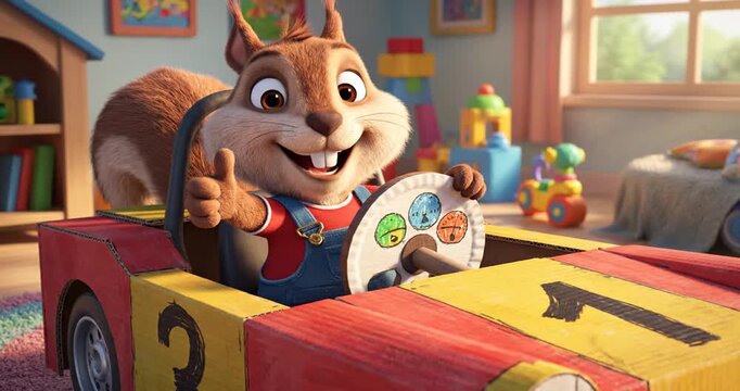 Animated squirrel joyfully driving a colorful toy car in a bright, playful room filled with toys