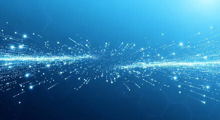 Abstract Digital Data Stream with Bright Light Effects and Sparkles in a Blue Background.