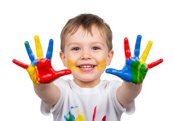 Happy Toddler Boy with Paint Covered Hands Showing Colorful Palms Isolated on White or Transparent Background
