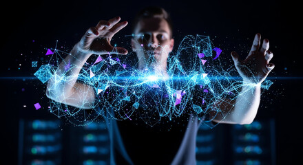 Futuristic Digital Data Visualization with a Woman Interacting with Virtual Interface.