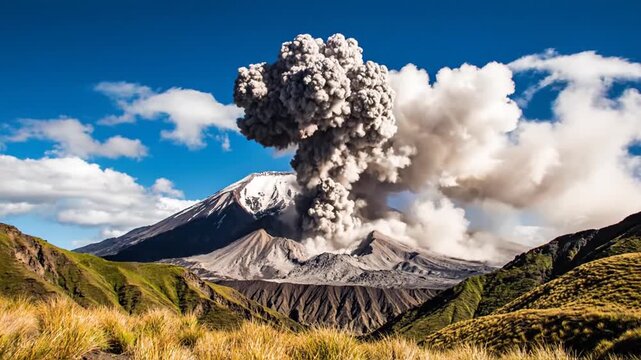 Volcano erupts with ash cloud rises.