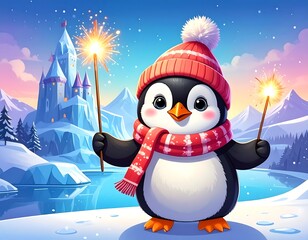 A penguin in winter attire holding sparklers