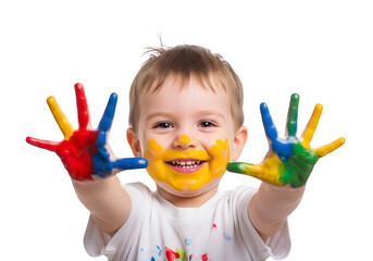 Happy Toddler Boy with Paint Covered Hands Showing Colorful Palms Isolated on White or Transparent Background