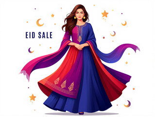 Eid Sale Fashion Illustration with Embroidered Festive Gown