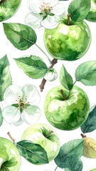 A pattern of green apples, leaves, and white flowers on white