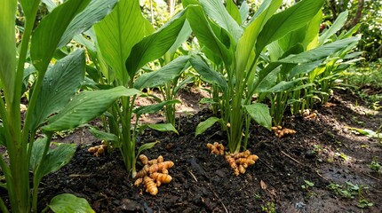 Obraz premium Vibrant turmeric plants with lush green leaves in neat rows, golden roots peeking from moist rich soil, tropical garden