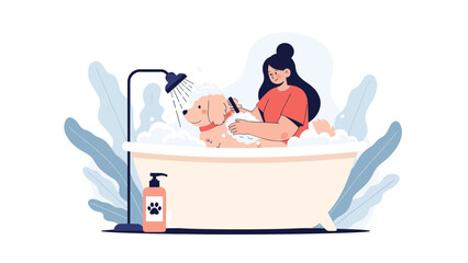 Fototapeta premium Caring woman bathing her friendly golden retriever dog in a bathtub filled with soap bubbles in a clean home bathroom.