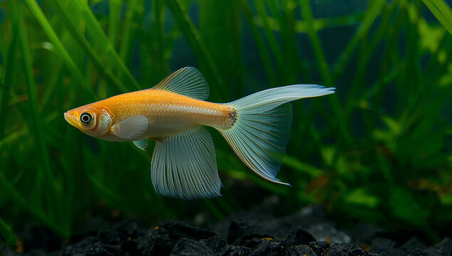 水草の緑を背にラスボラの尾が絹の帯のように流れる