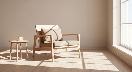 Fototapeta premium Serene and bright minimalist living space with a comfortable wooden armchair bathed in warm sunlight, creating a peaceful and inviting atmosphere for quiet relaxation
