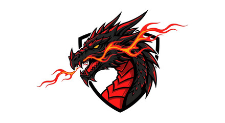 Black Dragon Head with Fire Breath and Shield - Fierce Mascot Logo