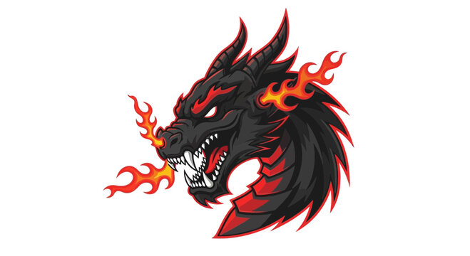 Furious Black Dragon Head Breathing Fire - Aggressive Mascot Logo