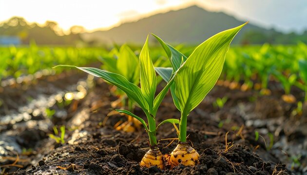 Vibrant turmeric plants with lush green leaves in neat rows, golden roots peeking from moist rich soil, tropical garden