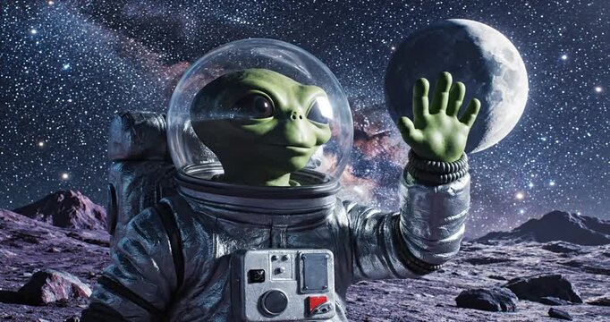 Alien astronaut exploring the lunar surface with a starry space backdrop and distant moon
