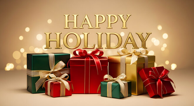 A stack of wrapped presents with happy holiday text