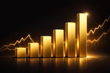 Golden 3D bar chart with glowing yellow lines on dark background showing growth and statistics analysis  business finance success JPG image