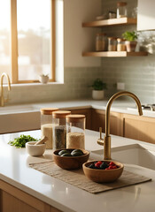 Obraz premium Kitchen counter with fresh ingredients, spices, and copper faucet