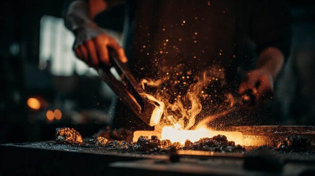 A close-up shot of a craftsman forging metal, sparks flying as tongs hold a glowing hot piece. The focus is on the fiery details and human hands
