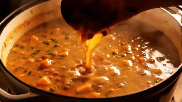 Close-up of a ladle pouring curry sauce into a pot filled with chunks of food and herbs on a stovetop with warm tones.