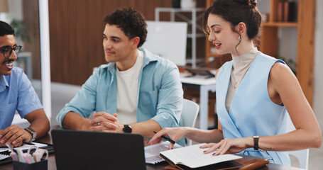 Team, woman or meeting with notebook in office for topics review, article ideas or brainstorming....