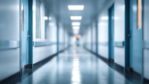 Stylish photo of Modern empty hospital corridor with blue tones and reflective floor, healthcare building interior.