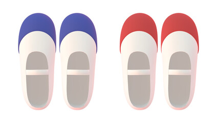 真上から見た小学生や幼稚園児が履く赤と青の上履きの3DCGイラスト。学校や塾、教育現場のプロモーションに適した挿絵素材