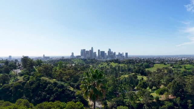 An ominous Los &Aacute;ngeles skyline in the smog being revealed behind the contrast of Elyssa Park