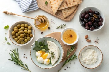 Healthy Halal Breakfast Olives Honey Cheese Flatbread Flatlay