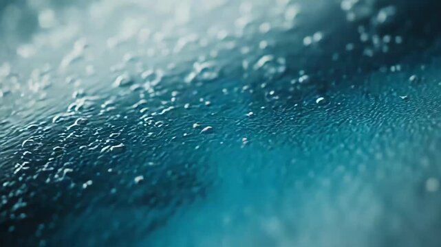 Shimmering turquoise liquid with water droplets and air bubbles forming an abstract, glistening texture that evokes purity, freshness and serene fluid motion
