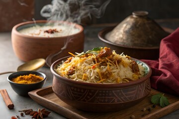 Luxury Steaming Saffron Biryani CloseUp &ndash; Authentic Aromatic Food Photography