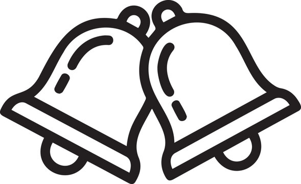 Two black outline wedding bells vector icon. Simple line art illustration of celebration bells for events, holidays, and announcements, isolated on a white background.