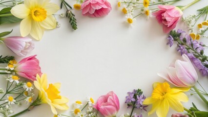 Obraz premium A variety of colorful spring flowers arranged in a circular frame on a light background, creating a fresh and vibrant floral border.