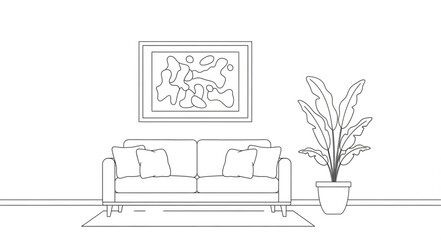 Minimalist living room sketch with sofa and plant. © Madi