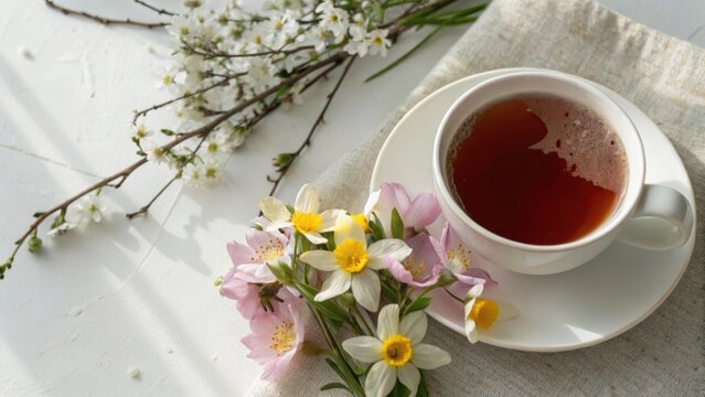 A cup of tea on a beige napkin beside delicate spring flowers and blossoming branches on a white surface with soft natural light.