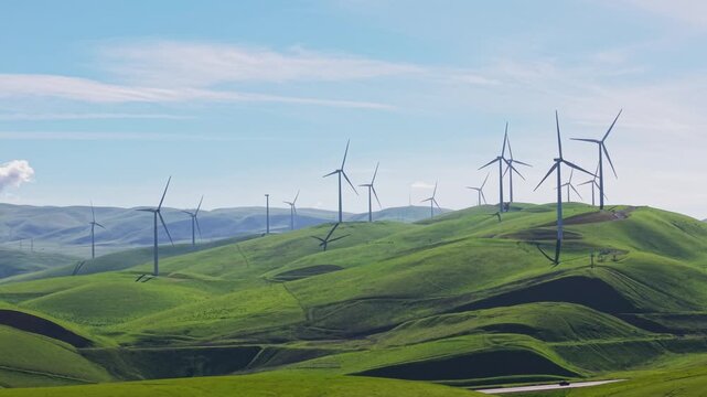 Panning drone view across the wind farms near Altamont Pass in Dublin, California, where rows of turbines turn steadily above rolling hills, creating a dynamic blend of engineering and open landscape