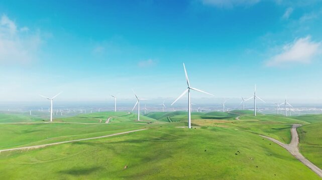 Drone footage surveys the iconic wind farms near Altamont Pass, presenting a vivid panorama of rotating blades set against California&rsquo;s expansive horizon.