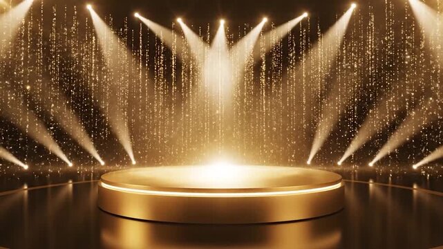 Golden circular podium illuminated by bright spotlights and falling glitter
